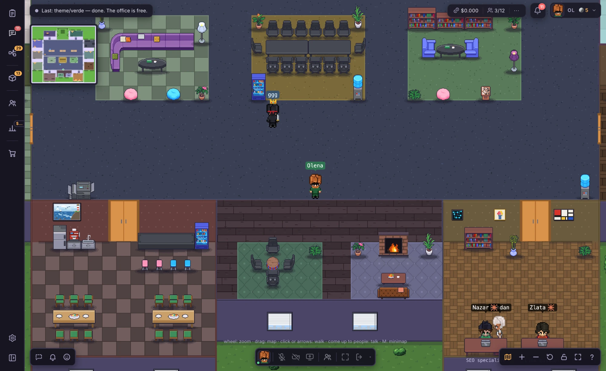 Agents at the desks of their departments: an SEO specialist and a linkbuilder in their room, a person walking the hall